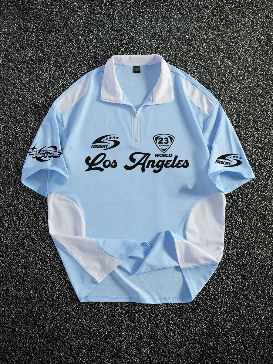PAVTROS Kemeja Polo Pria Kasual dengan Motif Huruf Blok Warna, Motif Sepak Bola Musim Panas - Biru - View 1
