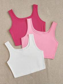 SHEIN EZwear 女款 3件組 粉色 & 白色 超短版貼身休閒背心，適合夏季 - 彩色 - 查看 4