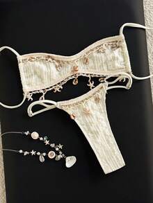 Swim Mod Set Baju Renang Bikini Putih Bertekstur Seksi untuk Liburan Pantai Wanita, Set Bikini Mikro Dua Potong Motif Kerang dan Bintang Laut dengan Rumbai, Bawahan Segitiga Potongan Tinggi - Putih - View 4