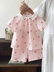 Souflis Souflis 2件組女嬰幼童新生兒春夏優雅小公主白色綠色彼得潘領娃娃上衣+澎澎短褲套裝 - 淺粉色 - 查看 2