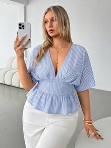Auralis Light Blue Striped Textured Crepe Drop Shoulder Plus Size Women's Shirt/Back Elastic Waist Ruffle Hem Top/Casual Daily Wear Summer - Blue - View 1