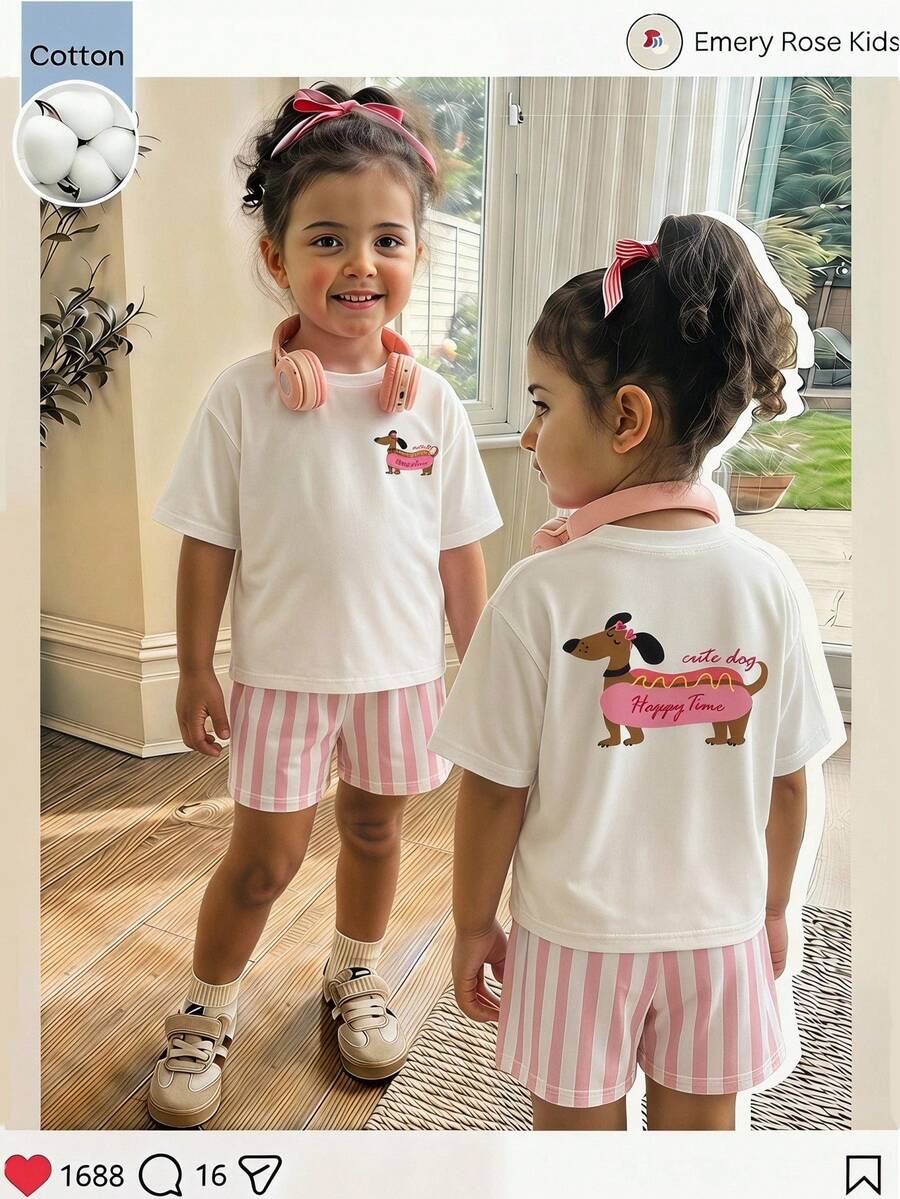 SHEIN 2pcs/Set Young Girl Solid Color Cute Puppy Pattern Loose Casual T-Shirt And Striped Shorts Set - Multicolor - View 1