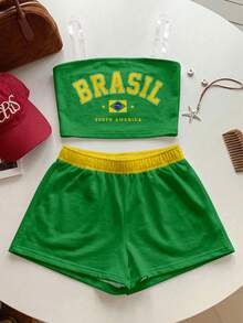 復古時尚綠色字母 BRAZIL、鮮豔陽光黃、金色星芒、金海岸、拼色領條紋運動風 - 彩色 - 查看 4