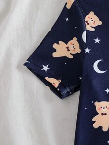 Conjunto de pijama ajustado para niños, camiseta de manga corta y pantalones cortos, estampado lindo de estrella, luna y oso, tela cómoda, adecuado para el uso diario en casa y ropa de dormir para niños - Azul Marino - Ver 6
