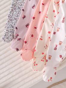 [Random 5 Sets, 2 Sets Sent] Newborn 0-12 Months Home Jumpsuit, Forest Style Ditsy Floral With Chain Craft Contrast Color, Fresh Style, Long Sleeve Footed, Open Crotch Snap Design, Easy To Put On And Take Off, Home Leisure, Daily Outings, Spring And Summer, All Seasons - Multicolor - View 3