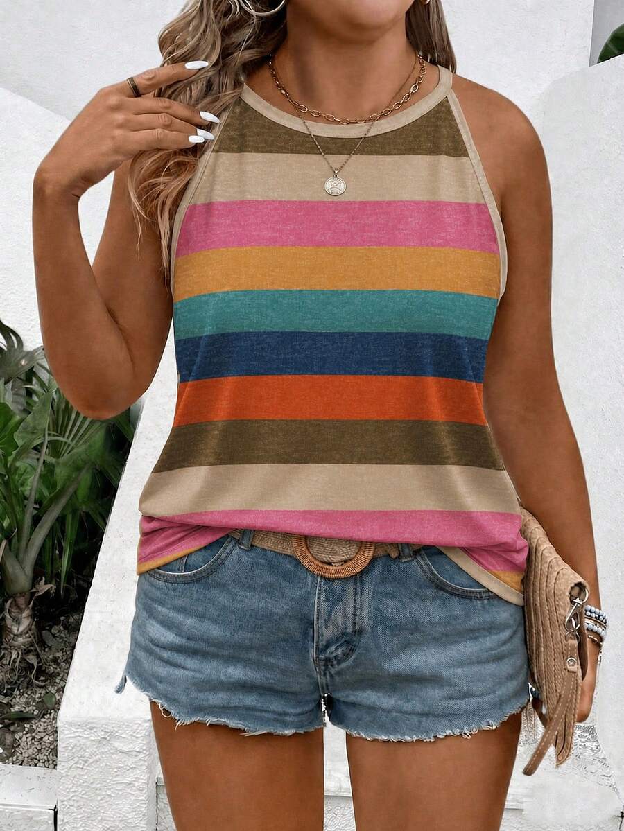 SHEIN LUNE New Plus Size Women's Fashion Casual Versatile Bestselling Striped Print Halter Neck Tank Top - Multicolor - View 1