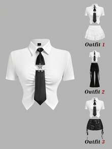 SHEIN MOD Woman Cotton Ribbed Solid Collared Short Sleeve Crop White Preppy Streetwear Y2k Basic Casual Top Daily Wear Back To School Spring Summer Golf - White - View 8