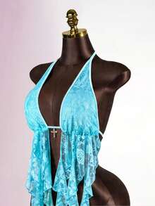 SaltGleam SaltGleam Damen Mode Spitze Rüschen Kragen Metall Schnalle Trägerhemd, sexy und für junge Damen, geeignet für Urlaub, Party, Date, Kreuzfahrt, Festival, Strand, Boho-Stil, Ostern, Hochzeit, Musikfestival, Unabhängigkeitstag, Rock, Party, vielseitig für alle Jahreszeiten - Blau - Übersicht 4