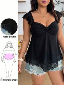 Enliva Plus Size Women Pleated Front A-Line Ruffle Sleeve Backless Casual Vacation Short Tank Top, Suitable For Casual, Vacation, Daily Wear Black Tops, For Apple And Rounded Body Shape - Black - View 7