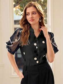 MOTF PREMIUM POLKA DOT PRINT SHEER PETAL SLEEVE BLOUSE FOR WOMEN - Black - View 6