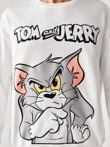 Strevion TOM & JERRY 男士休闲 Thinking Tom 字母印花圆领长袖卫衣，春秋季 - 白色 - 查看 6