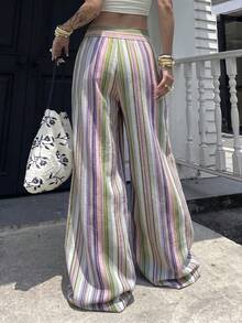 SHEIN Tall 女款高腰條紋亞麻寬腿褲，海灘度假休閒鄉村風，優雅自然，隨機花卉圖案，夏秋女裝返校季，適合高個女性 - 綠色 - 查看 2