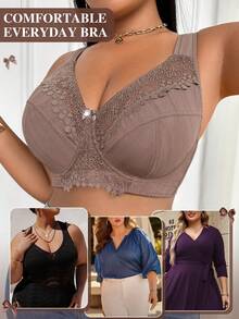 DesireSculpt 1pc Romantic Lace Patchwork Comfortable Adjustable Bra, Spaghetti Strap, Lift & Support, Underwire, Plus Size - Mocha Brown - View 6