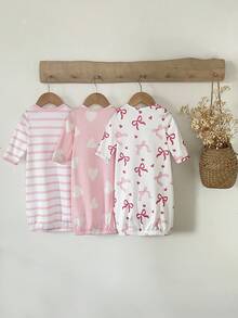 [3 Sets Randomly Send 2 Sets]Newborn Long Sleeve Pink Striped Bow Heart Pattern Long Sleeve Pajamas 2-Piece Set Combination Sleeping Bag, Peaceful Sleep At Night - Multicolor - View 2