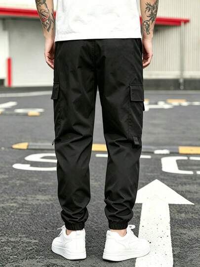 Manfinity Hypemode Pantalon cargo ample pour hommes avec imprimé d'expression, poche rabat et cordon de serrage à la taille, automne