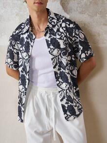 TONEVAULT TOPS Summer Festival Men's Floral Paisley Shirt Streetwear Tropical Vacation Navy And White - Multicolor - View 5