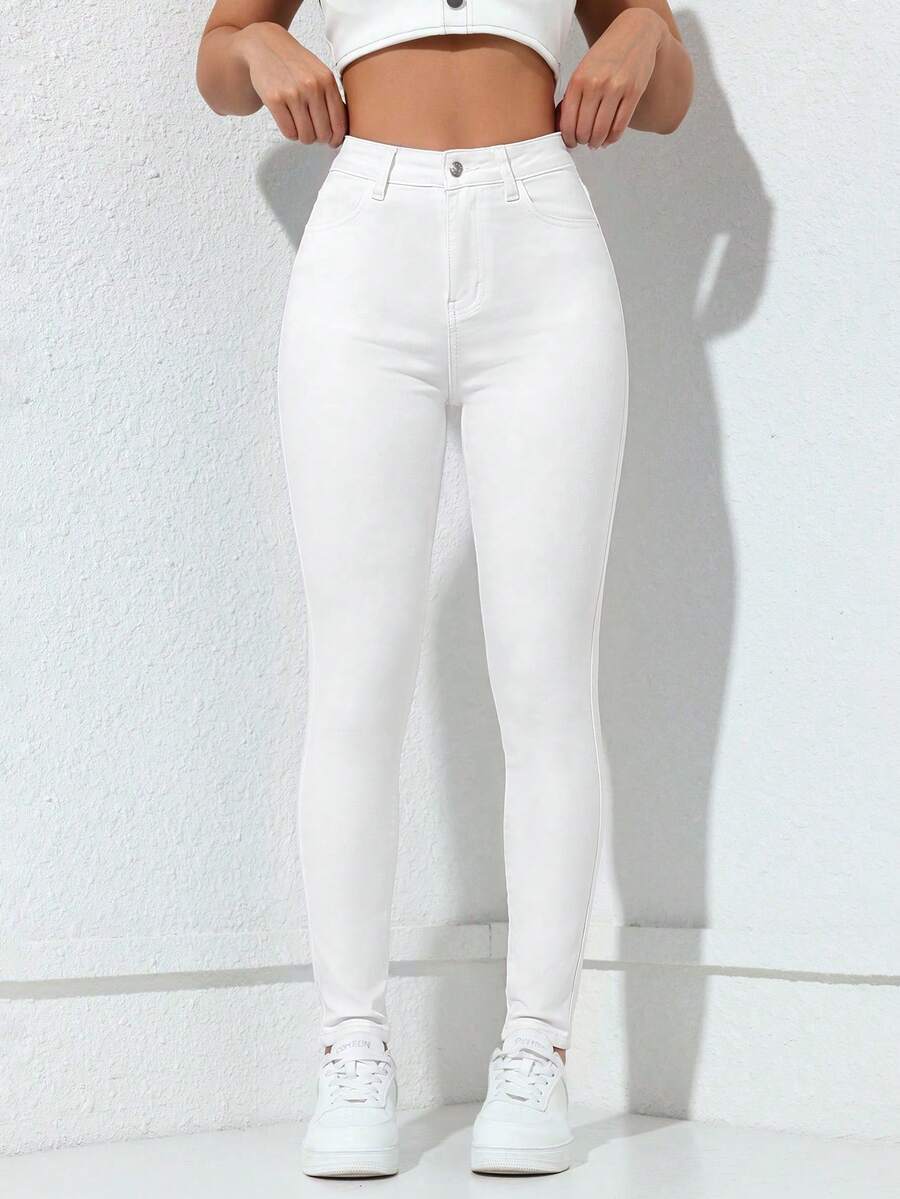 Jeanoix Minimalist Solid Color Slim Fit Zipper Fly Denim Jeans - White - View 1