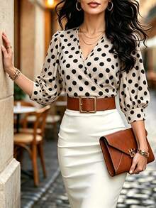 SHEIN LUNE Blusa de mujer de verano con cuello en V, mangas abullonadas, lunares, cintura ceñida, estilo francés romántico para la hora del té - Albaricoque - Ver 5