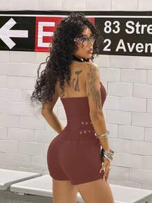 SHEIN 女款露背掛脖修身牛仔連身褲 - 咖啡棕 - 查看 2