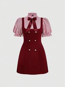 SHEIN MOD فستان مقاس كبير باللونين الأسود والأبيض بتصميم مزدوج الصدر ومخطط مع رقعة وربطة أمامية، يتميز بتصميم 2 في 1. فستان بأسلوب حلو وراقي، مثالي للارتداء اليومي أو المواعيد. فستان قصير أنيق بقصة A-Line للربيع/الصيف. - عنابي اللون - مشاهدة 5