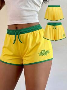 Girlism Kids Teen Girls' Printed Fitted Sports Shorts,Pastel Yellow Summer Gym Workout,Suitable For Outdoor Activities,Walking,Yoga,Casual Street Style - Yellow - View 1