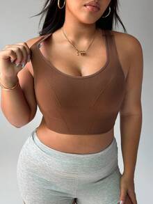 Breezaya 大码女式纯色休闲运动瑜伽文胸 - 咖啡棕 - 查看 3