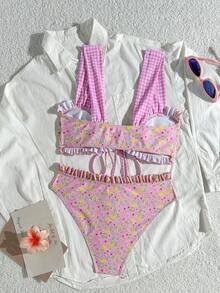 Swim Mod Girls Sweet 2pcs Floral Random Print Wide Strap Tie Front Triangle Bikini Swimsuit Set - Multicolor - View 4