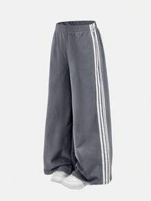 女童大童黑色對比粉色織帶寬鬆長褲 春夏季新款 酷感百搭日常街頭風 - 灰色 - 查看 2