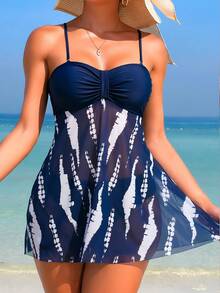 Swim Lushoire 女款海灘度假紮染印花抓皺細肩帶泳裝連身裙附泳褲，隨機印花 - 彩色 - 查看 1
