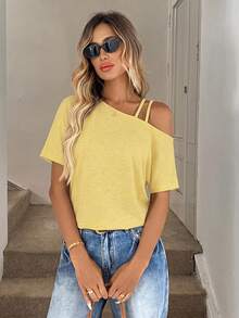 Easowa Casual Knit Asymmetrical Shoulder Double Strap Slanted Shoulder Women's T-Shirt Vacation Yellow Summer - Yellow - View 2