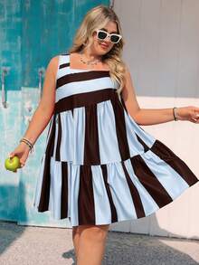 Vivid Eden Plus Size Women's Vacation Navy Blue Square Neck Casual Boho Sleeveless Dress Beach Vacation Summer - Baby Blue - View 6