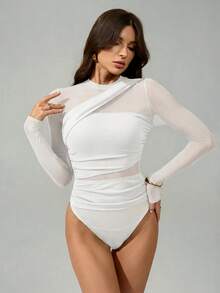 SHEIN Tall Bodysuit nữ màu nâu, tay dài lưới xuyên thấu, cổ giả cao nhún bèo, phù hợp cho tiệc cocktail, hẹn hò lãng mạn, mặc lớp lót mùa đông - trắng - Xem 3