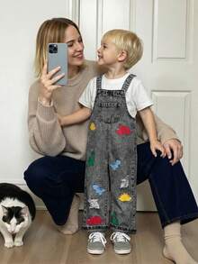 Young Boy Colorful Cartoon Dinosaur Print Pocket Denim Overalls - Light Grey - View 9