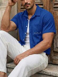 HIMLAND Men's Short Sleeve Single-Breasted Pocket Shirt With Chest Embroidery - Blue - View 3