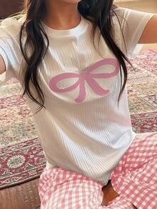 Dream Adore 可愛蝴蝶結刺繡上衣與格紋長褲女款睡衣套裝 - 粉色 - 查看 6