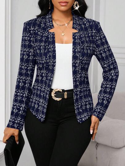 SHEIN Lady Navy Blue Plus Size Women Plaid Long Sleeve Open Front Elegant Blazer Women Blazer Jacket Tweed Jacket Women Suit Jacket For Women Office Outfits For Women Tweed Blazer Winter Jacket Business Casual Woman Curve Fall Clothes Plus Size Teacher Outfits Plus Size, Fall Clothes For Women