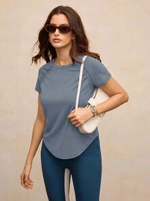 Activina Women's Solid Color Round Neck Mesh Patchwork Raglan Sleeve Waist-Defining Slimming Sports T-Shirt - Blue - View 7