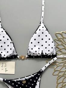 Swim Mod 女款 2026 春夏雙面料拼接黑白波點小太陽金屬飾邊露背三角比基尼泳衣海灘度假 - 黑與白 - 查看 6