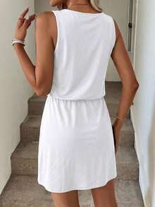 SHEIN LUNE 95 Cotton Casual Basic Minimalist Street Style Pure Cotton Plain White Short 2-In-1 Dress, Women's Summer Going Out Vacation - White - View 2