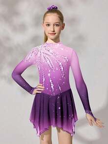 Tween Girls Purple Sequin Floral Dance Dress, High Stretch Fitted Design Sparkling Crystal Print, Smooth Flowing Mesh Skirt, Autumn Winter Athletic - Purple - View 5
