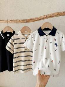 LMoss Kids 3件組小男孩短袖休閒套裝 Polo衫套裝 柔軟度假海灘休閒舒適假期復古喇叭袖生日派對柔軟度假 - 彩色 - 查看 5