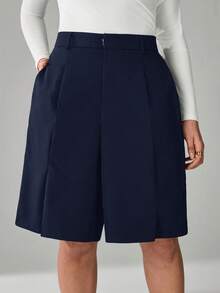 SHEIN Tall CURVE Pantalones cortos casuales de unicolor para tallas grandes en verano - Azul Marino - Ver 4
