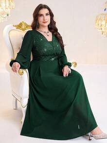 Modelyn Plus Size Women's Solid Color Patchwork Sequin Lantern Sleeve Elegant Dress - Dark Green - View 3
