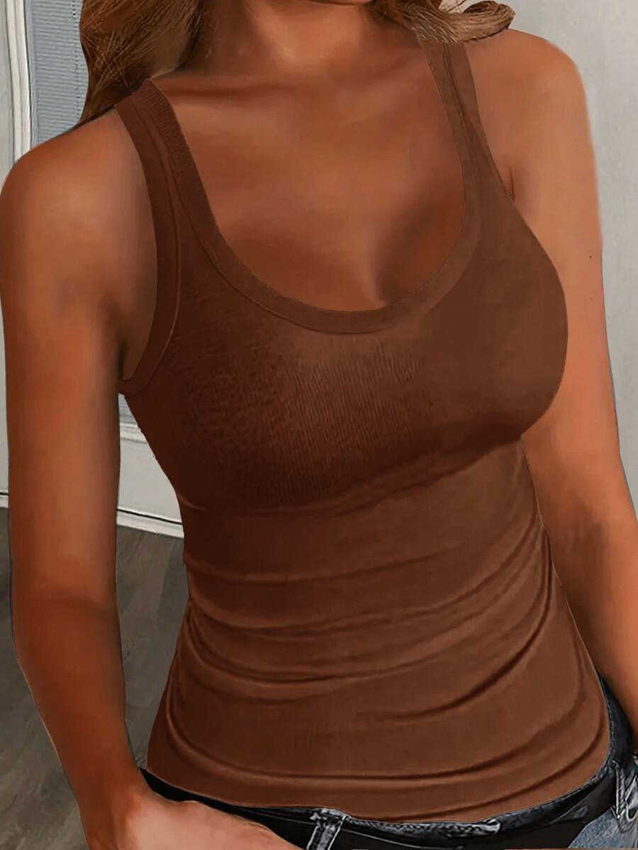 Slaydiva Camisola básica casual sin mangas con espalda racer, escote profundo en U y acanalado estrecho, color blanco -C - Marrón - View 1