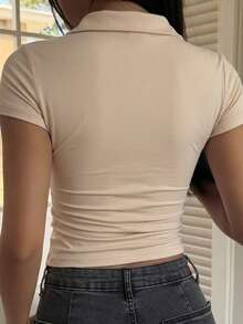 DAZY T-shirt streetwear d'été pour femme, col chemise, manches courtes, coupe slim, sexy et décontracté, pull-over - Camel - Voir 3
