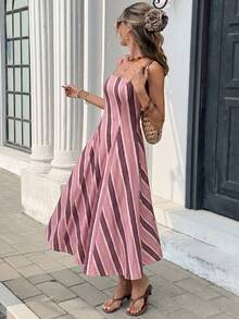 Serisse Women's Striped Pattern Spaghetti Strap A-Line Midi Dress - Pink - View 5