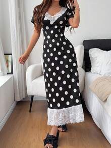 SHEIN Lace Polka Dot Print Long Short Sleeve Nightgown - Multicolor - View 4