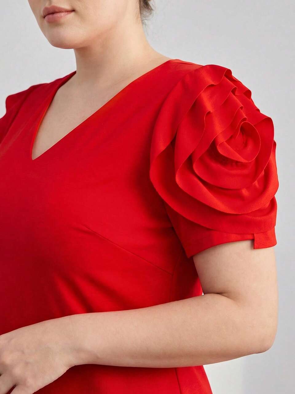 PLUS SIZE WOMEN'S SPRING/SUMMER 3D FLORAL SHORT SLEEVE ELASTIC WAIST DRESS, BELT NOT INCLUDED