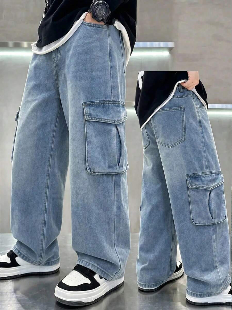 青少年男孩時尚休閒 Y2k 復古酷感工裝口袋設計淺藍色寬鬆牛仔褲 - 藍色 - 查看 1