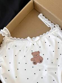 SHEIN Dozemod Kids Tween Girl Simple Floral Pattern Ribbon Bow Lace Trim Camisole Top And Shorts Black And White Polka Dot Slim Fit Pajama Set 2pcs Sleeping - White - View 7